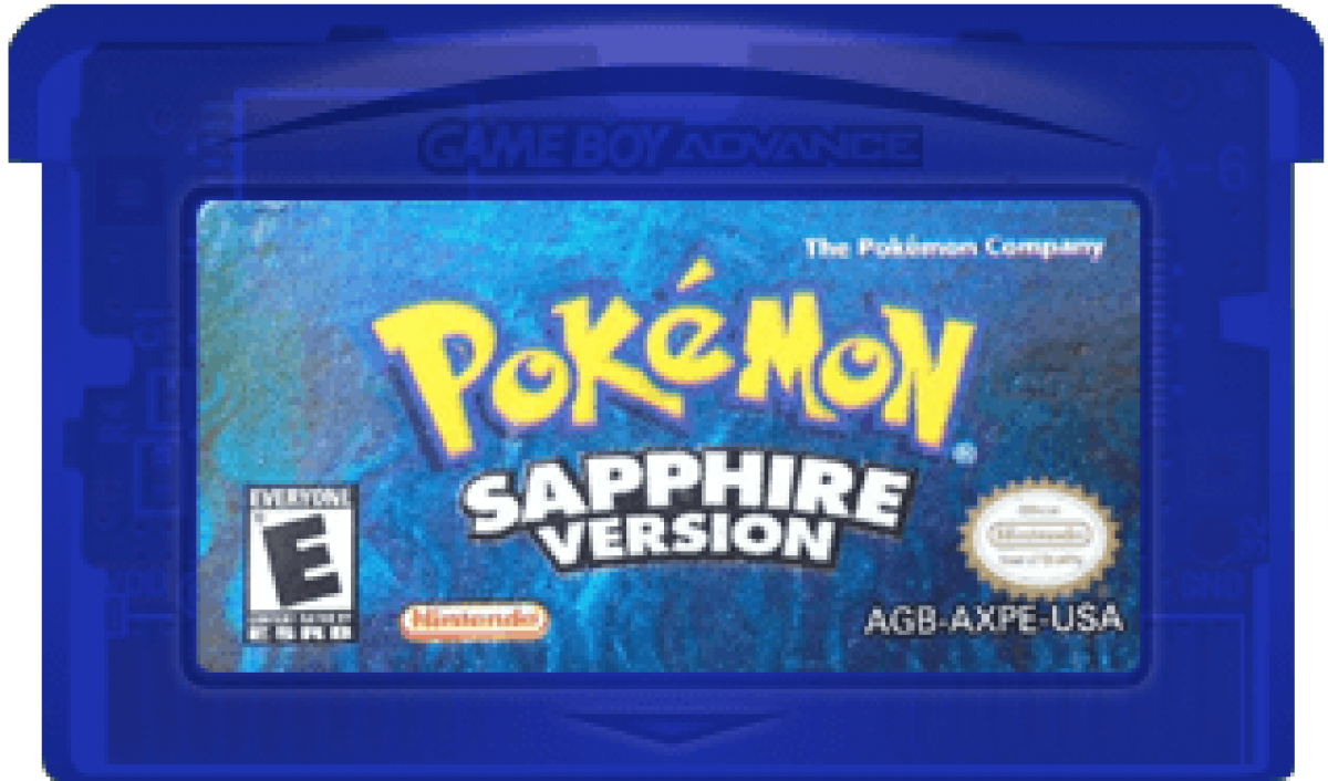 Pokemon Sapphire cartridge art for Game Boy Advance (GBA) game only featuring classic turn-based RPG gameplay and Hoenn region adventure