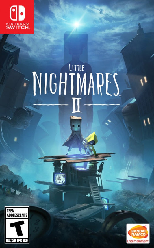 Little Nightmares II Nintendo Switch horror puzzle platformer following Mono and Six through the Pale City running from the Hunter Teacher and Thin Man cover art