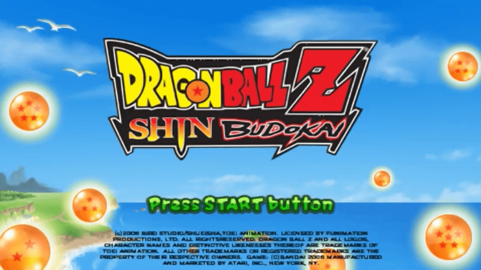 Dragon Ball Z: Shin Budokai – PlayStation Portable (PSP) start screen for 3D fighting video game