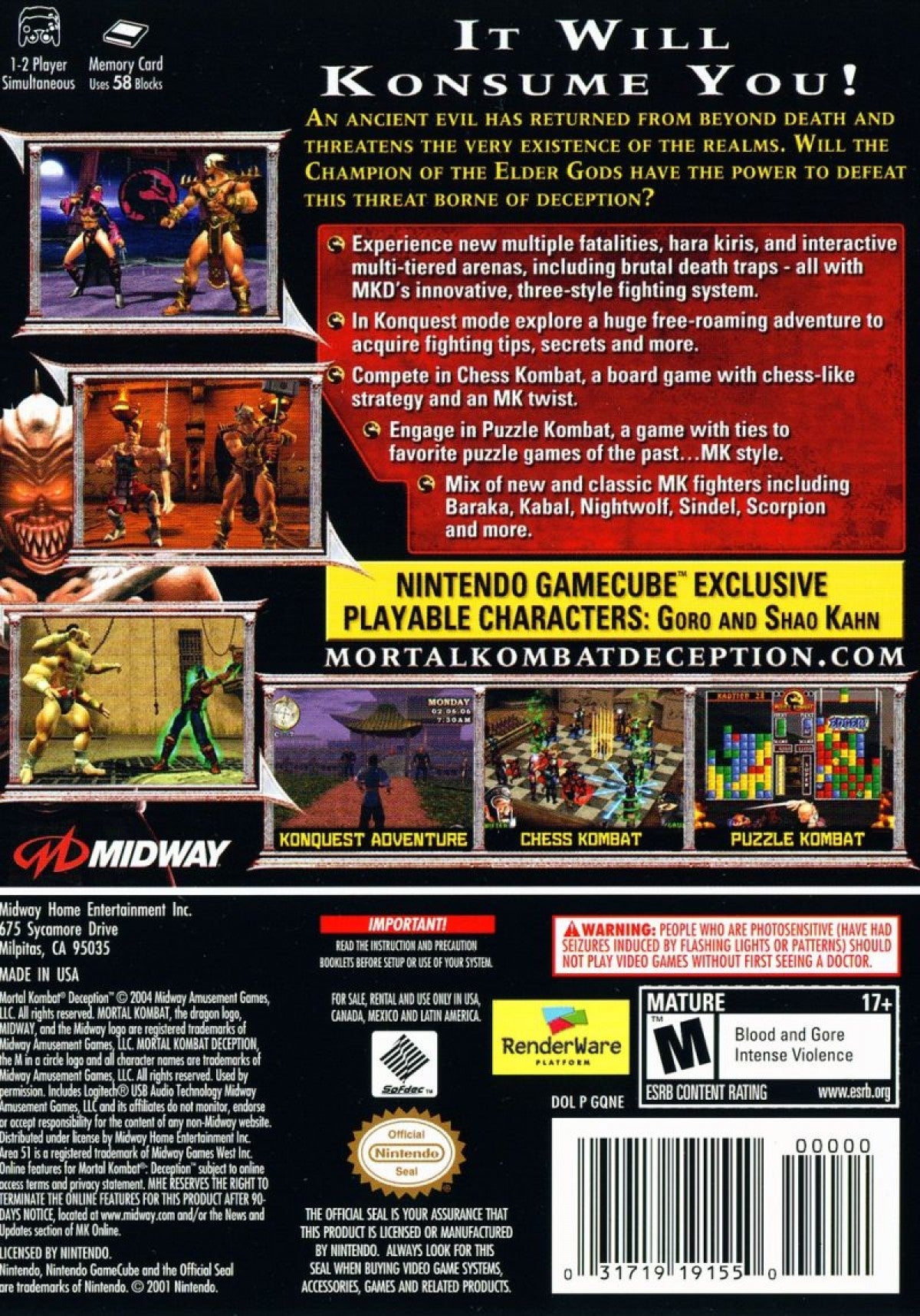 Mortal Kombat: Deception for Nintendo GameCube (GC) at Gamers INC, featuring the brutal and deep installment of the legendary fighting series that introduces the massive "Konquest" open-world RPG mode and innovative "Chess Kombat" and "Puzzle Kombat" mini-games, alongside a massive roster of warriors—including GameCube exclusive playable characters Goro and Shao Kahn—for the ultimate fatalities and weapon-based combat experience back cover