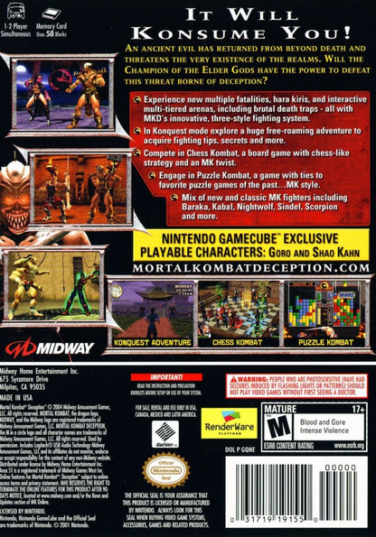 Mortal Kombat: Deception for Nintendo GameCube (GC) at Gamers INC, featuring the brutal and deep installment of the legendary fighting series that introduces the massive "Konquest" open-world RPG mode and innovative "Chess Kombat" and "Puzzle Kombat" mini-games, alongside a massive roster of warriors—including GameCube exclusive playable characters Goro and Shao Kahn—for the ultimate fatalities and weapon-based combat experience back cover