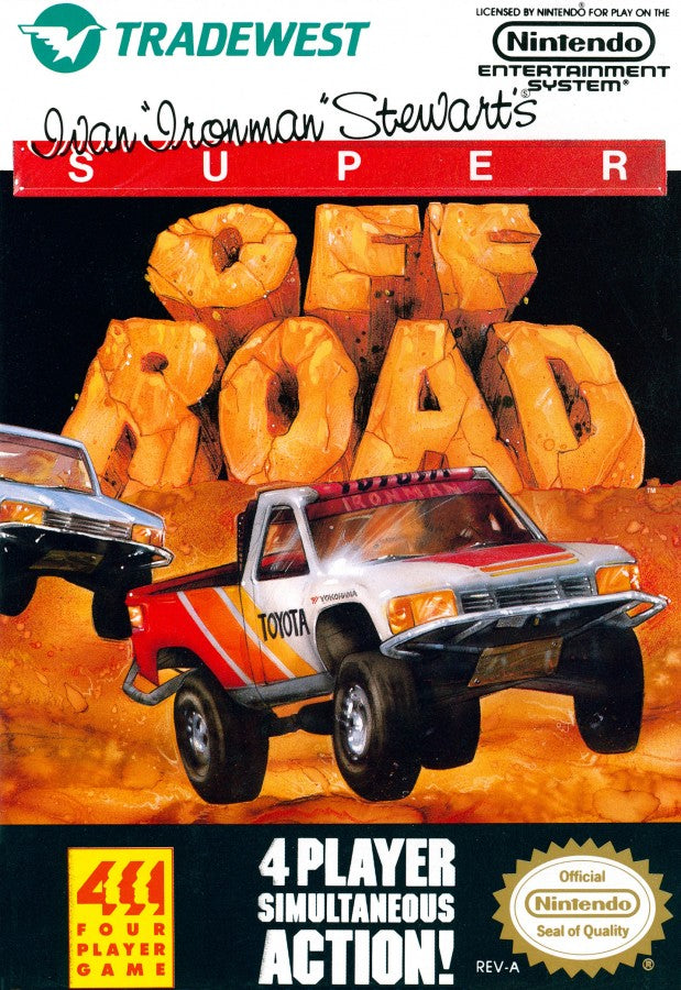 Super Off Road retro NES video game Super Off Road arcade racing off road trucks multiplayer competitive gameplay classic racing action console title Nintendo Entertainment System release cover art