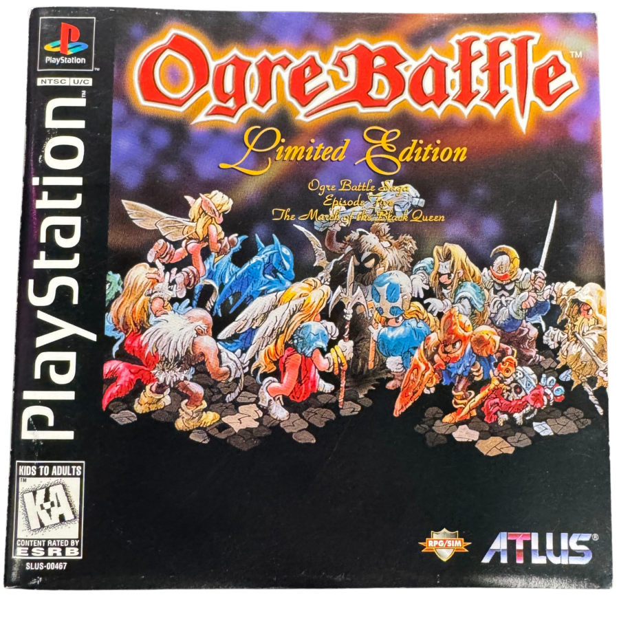 Ogre Battle PlayStation 1 PS1 strategy role playing video game featuring tactical battles real-time unit movement fantasy warfare character recruitment army management magical attacks kingdom liberation and classic PlayStation 1 PS1 gameplay collectible retro gaming appeal manual