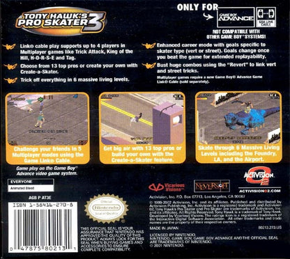 Tony Hawk's Pro Skater 3 game for the Game Boy Advance featuring skateboarding gameplay with an isometric perspective trick combos career mode objectives multiple skaters and level based challenges adapted from the console version back cover art