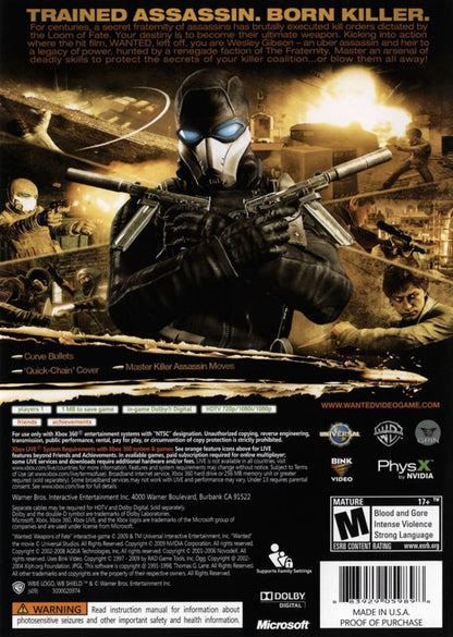 Wanted: Weapons of Fate for Xbox 360 third person action shooter video game featuring bullet time mechanics cinematic gunplay comic book inspired storytelling and high intensity revenge driven gameplay experience back cover art
