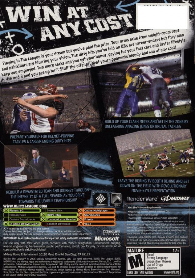 Blitz The League Microsoft Xbox Original Xbox video game featuring arcade football gameplay hard hitting tackles aggressive competition team management career mode player customization and intense sports action retro video game collection collectible gaming appeal back cover art