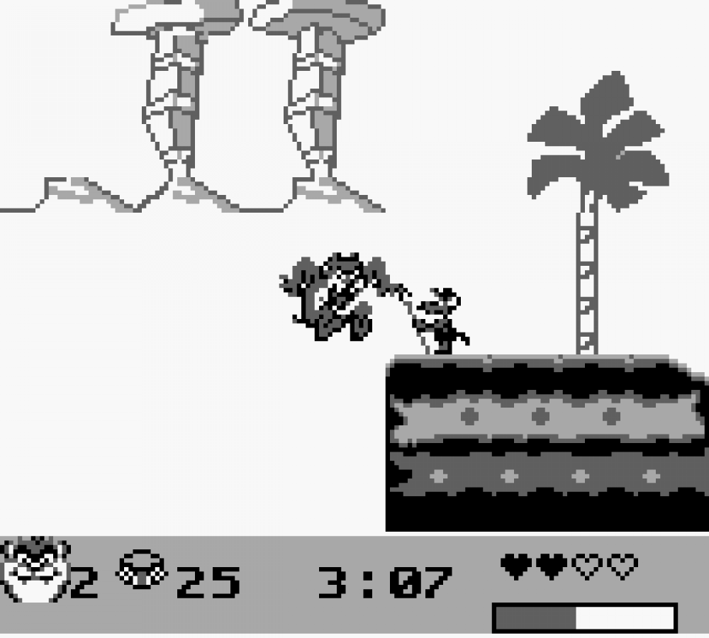 Taz Mania 2 for Game Boy, gameplay for a side-scrolling platformer video game with cartoon-style gameplay, obstacle challenges, character-based levels, and arcade action