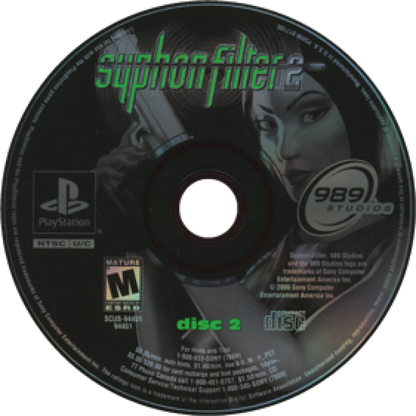 Syphon Filter 2 PlayStation 1 PS1 for third person action stealth video game fans featuring Gabe Logan and Lian Xing tactical missions espionage gameplay stealth objectives weapon combat enemy encounters cinematic storytelling and classic Sony PlayStation gaming collectible appeal disc 2
