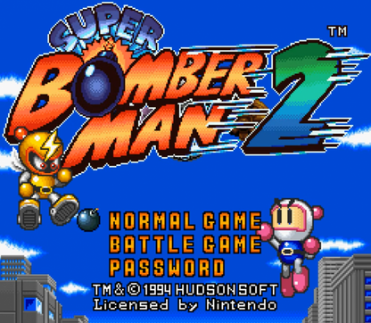 Super Bomberman 2 Super Nintendo SNES action puzzle game multiplayer party game bomb placing maze battles Hudson Soft classic Bomberman series competitive gameplay retro 16 bit gaming Super Nintendo Entertainment System software video game title title screen 