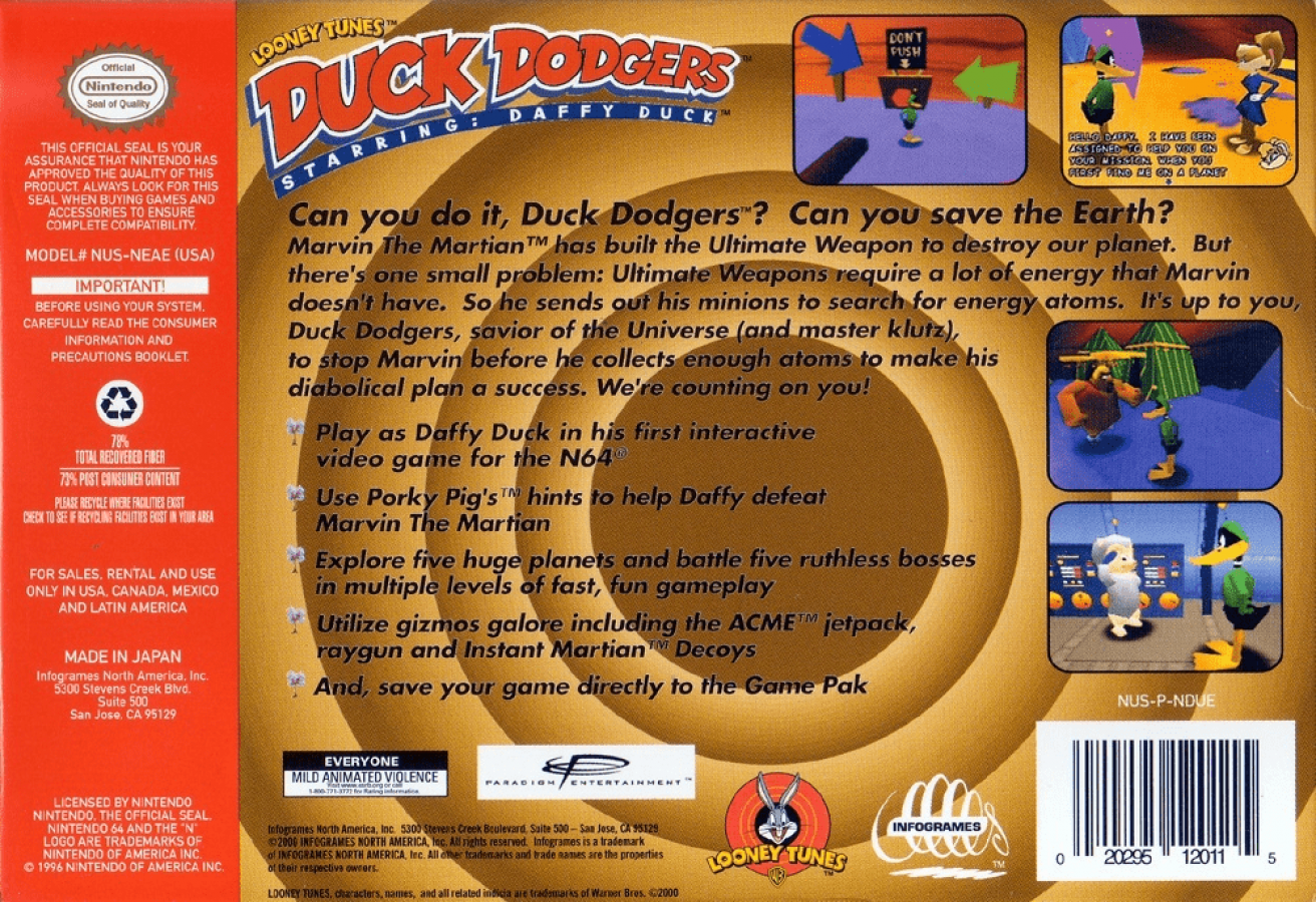 Duck Dodgers back cover art for Nintendo 64 (N64) video game