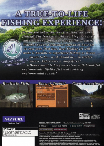 Reel Fishing III – PlayStation 2 (PS2) video game back of case, fishing simulation game.