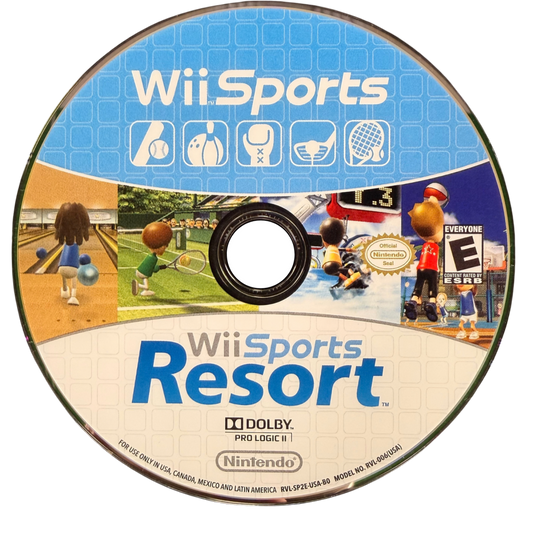 Wii Sports and Wii Sports Resort 2 in 1 Nintendo Wii Wii video game collection featuring sports gameplay tennis bowling golf baseball boxing swordplay wakeboarding archery and cycling activities Wii Remote motion control multiplayer fun and classic Nintendo Wii gaming retro video game collection collectible gaming appeal disc