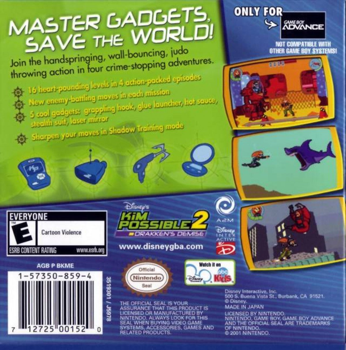 Disneys Kim Possible 2 Drakkens Demise for Game Boy Advance, back of case for an action platformer video game with side-scrolling gameplay, stealth elements, character-based missions, and cartoon-style combat