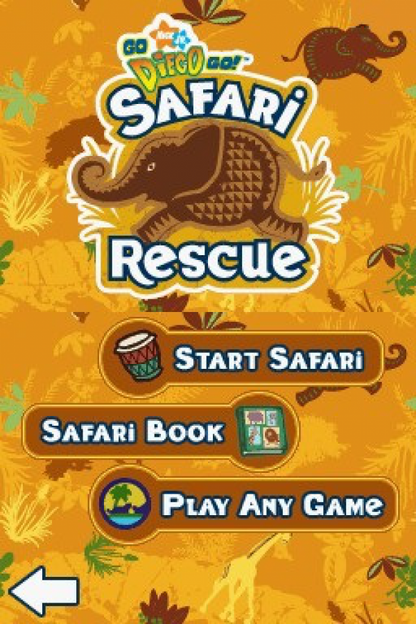 Go Diego Go Safari Rescue for Nintendo DS, title screen for an educational adventure video game with animal rescue gameplay, mini-games, problem-solving activities, and family-friendly exploration