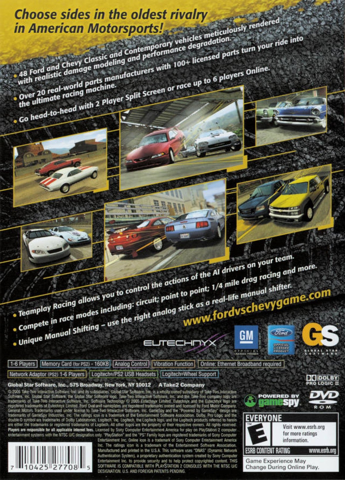 Ford vs Chevy PS2 Sony PlayStation 2 racing game drag racing muscle cars Ford Chevrolet rivalry car customization street racing competition automotive racing gameplay retro gaming PlayStation 2 software video game title back cover art
