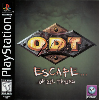ODT: Escape or Die Trying PlayStation 1 PS1 for action adventure retro video game fans featuring fantasy exploration puzzle solving platforming combat mysterious worlds challenging quests cinematic gameplay collectible gaming appeal front cover art