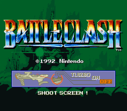 Battle Clash retro SNES video game Battle Clash sci fi mech combat light gun shooter futuristic robot battles arcade style action gameplay console title Super Nintendo release title screen