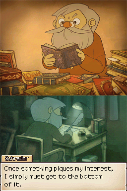 Professor Layton and the Diabolical Box Nintendo DS game featuring puzzle-solving adventure gameplay and story-driven mystery screenshot