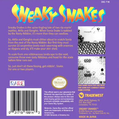 Sneaky Snakes Game Boy video game, puzzle arcade gameplay, classic handheld action, retro Nintendo Game Boy title back cover art