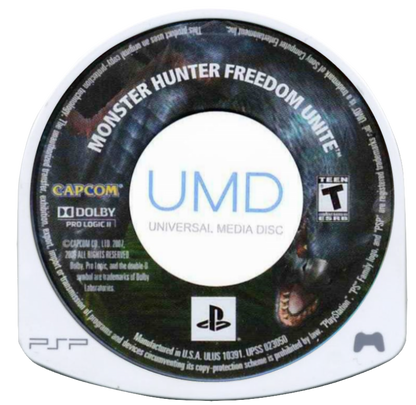 Monster Hunter Freedom Unite PlayStation Portable PSP video game, action RPG, cooperative monster hunting, expanded content edition, handheld console title disc cartridge UMD