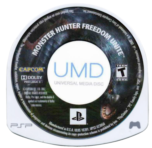 Monster Hunter Freedom Unite PlayStation Portable PSP video game, action RPG, cooperative monster hunting, expanded content edition, handheld console title disc cartridge UMD