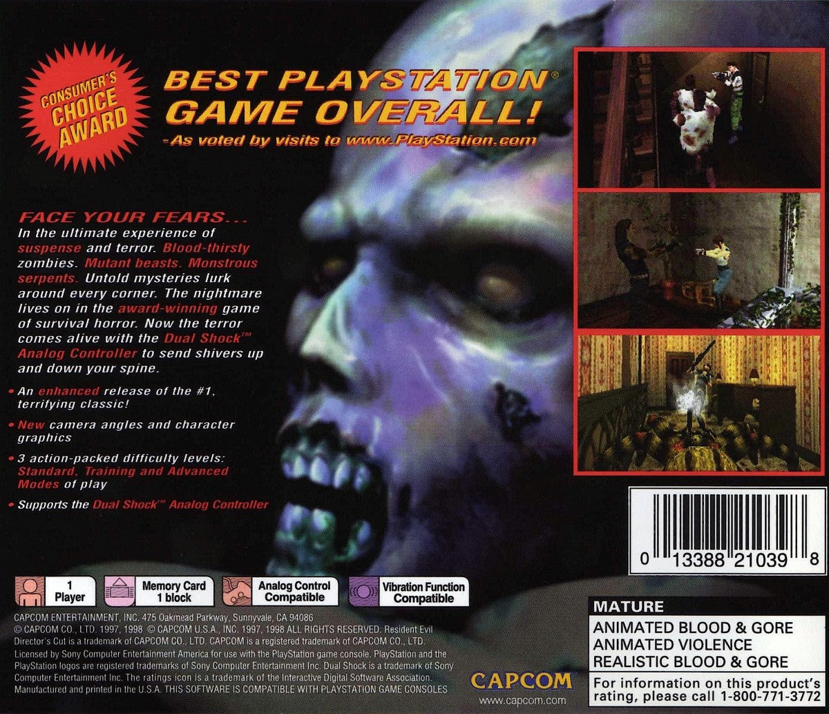 Resident Evil Directors Cut Greatest Hits PlayStation 1 game featuring classic survival horror gameplay, fixed camera angles, and the original Spencer Mansion experience back cover art