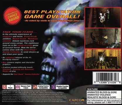 Resident Evil Directors Cut Greatest Hits PlayStation 1 game featuring classic survival horror gameplay, fixed camera angles, and the original Spencer Mansion experience back cover art