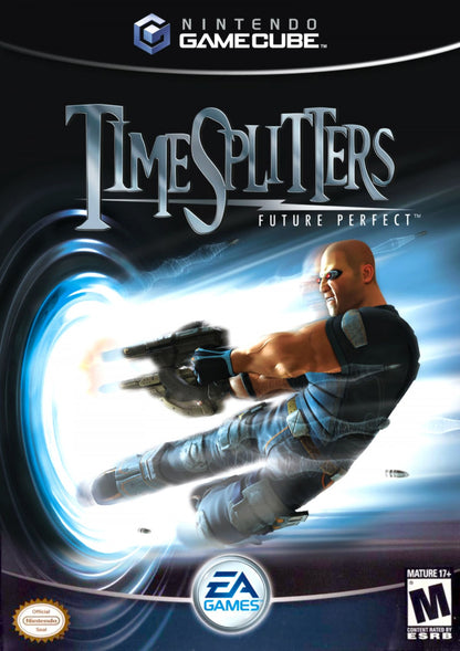 TimeSplitters Future Perfect game for the Nintendo GameCube featuring first person shooter gameplay with time travel themed missions cooperative story mode multiplayer options and arcade style combat across varied historical and futuristic settings front cover