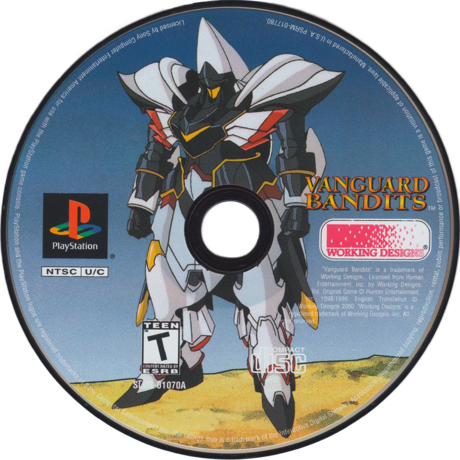 Vanguard Bandits PS1 tactical RPG strategy role playing game giant mech combat turn based battles anime fantasy storyline multiple endings Working Designs localization grid based warfare retro gaming PlayStation software video game title disc 2