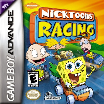 Nicktoons Racing for Game Boy Advance, cover image for a retro video game featuring kart racing gameplay, Nickelodeon character-based competition, track challenges, power-ups, and arcade-style racing action