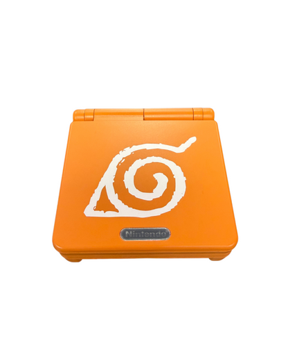 Game Boy Advance SP Naruto custom shell handheld gaming system featuring a custom Naruto themed shell design with a frontlit screen clamshell design rechargeable battery and compatibility with Game Boy Advance and Game Boy Color games