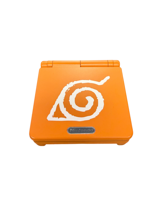 Game Boy Advance SP Naruto custom shell handheld gaming system featuring a custom Naruto themed shell design with a frontlit screen clamshell design rechargeable battery and compatibility with Game Boy Advance and Game Boy Color games