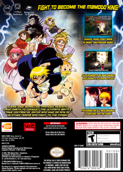 Zatch Bell Mamodo Fury Nintendo GameCube game case art with Zatch Kiyo Mamodo characters intense action fighting spells and battle scenes based on the anime series back cover art