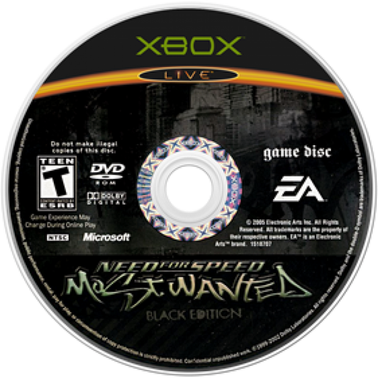 Need for Speed Most Wanted Black Edition disc cover art for XBOX video game. 