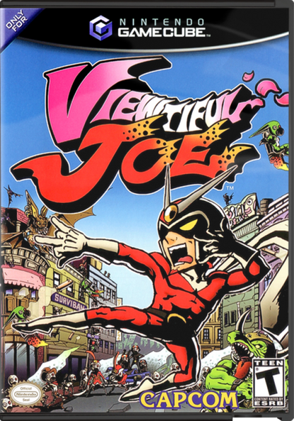 Viewtiful Joe cover art for Nintendo GameCube (GC) side-scrolling action beat 'em up video game