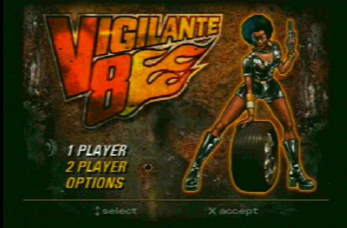 Vigilante 8 [Greatest Hits] title screen for PlayStation 1 (PS1) racing video game. 