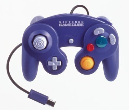 Front view of original clear and indigo Nintendo GameCube controller wired gaming pad