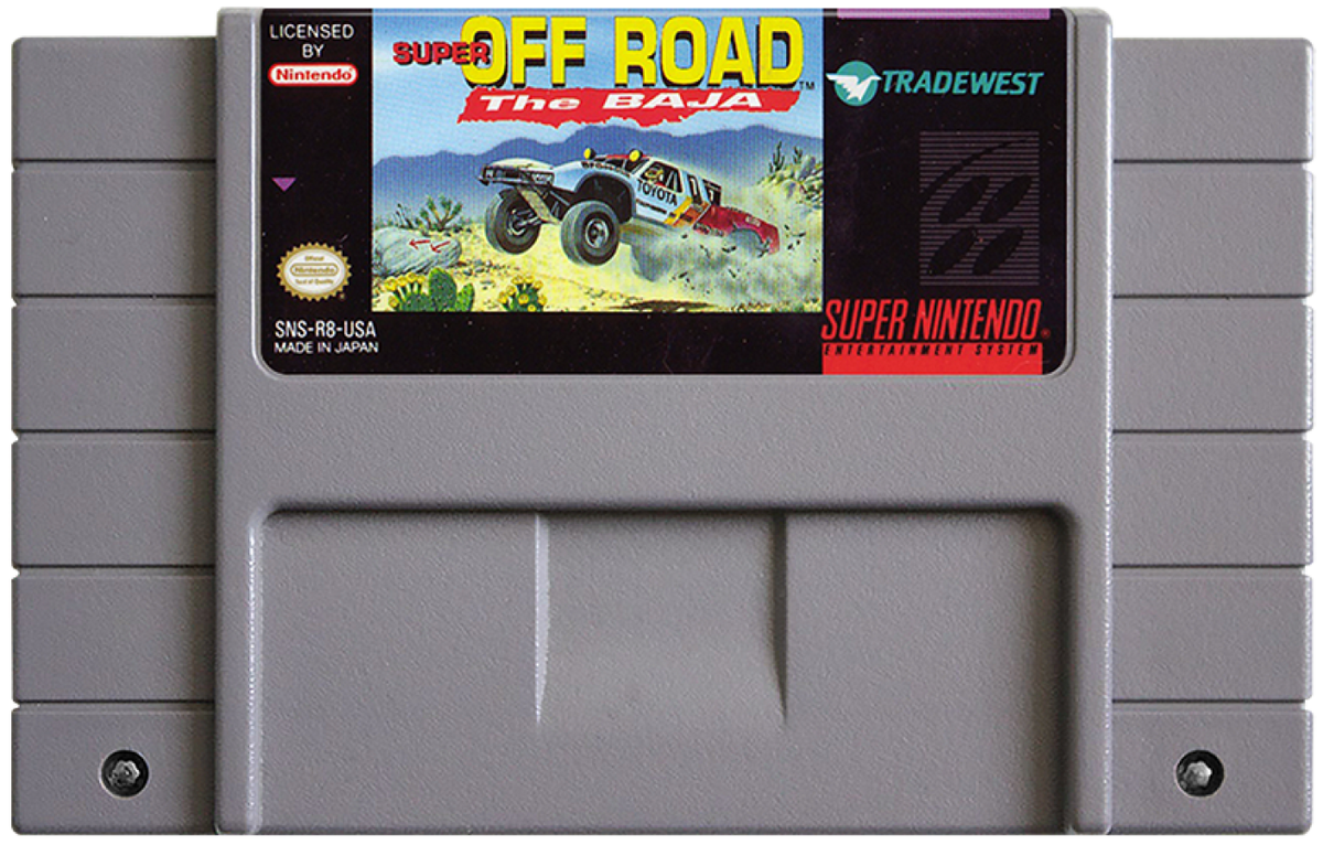 Super Off Road The Baja Super Nintendo Entertainment System SNES video game featuring off road racing gameplay Baja truck racing dirt tracks rough terrain competitive races vehicle upgrades jumps and classic 16 bit Nintendo arcade racing gameplay retro video game collection collectible gaming appeal game cartridge