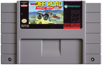 Super Off Road The Baja Super Nintendo Entertainment System SNES video game featuring off road racing gameplay Baja truck racing dirt tracks rough terrain competitive races vehicle upgrades jumps and classic 16 bit Nintendo arcade racing gameplay retro video game collection collectible gaming appeal game cartridge