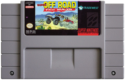 Super Off Road The Baja Super Nintendo Entertainment System SNES video game featuring off road racing gameplay Baja truck racing dirt tracks rough terrain competitive races vehicle upgrades jumps and classic 16 bit Nintendo arcade racing gameplay retro video game collection collectible gaming appeal game cartridge