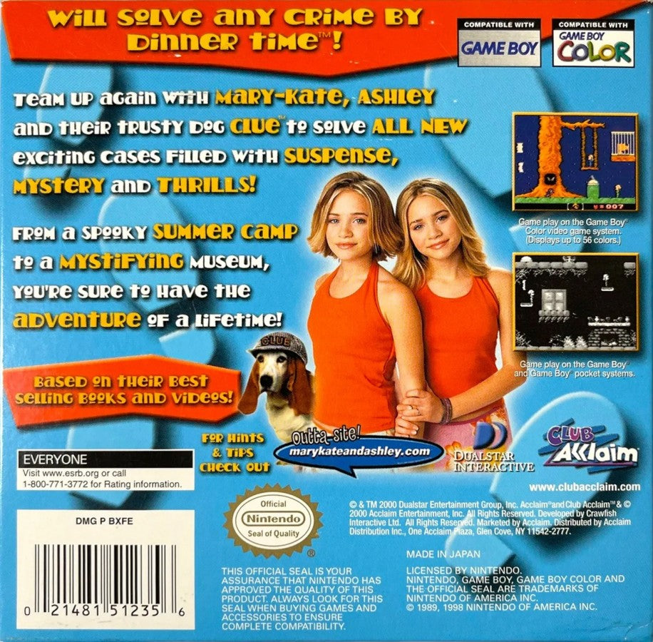 Mary-Kate and Ashley Get a Clue Nintendo Game Boy Color GBC for adventure puzzle retro video game fans featuring mystery solving detective gameplay clue searching interactive challenges television inspired adventure classic handheld gaming collectible gaming appeal back of case