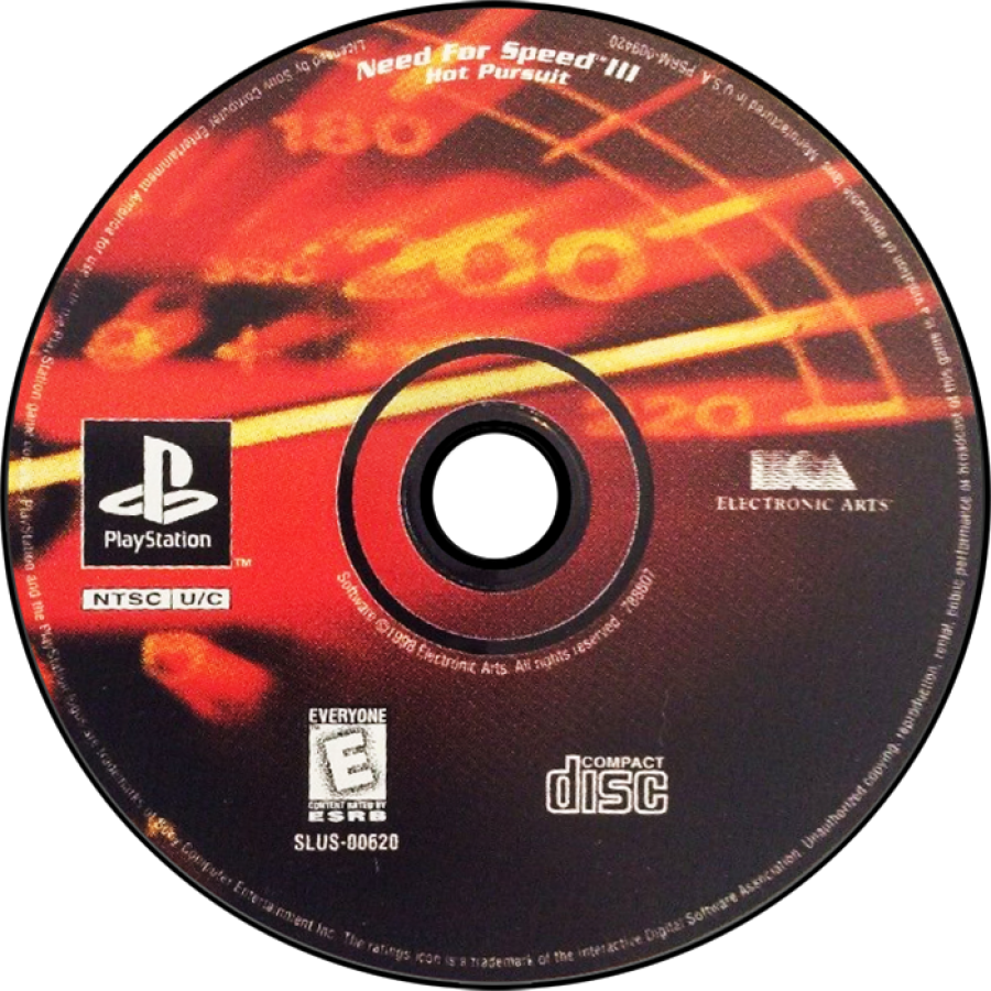 Need for Speed III: Hot Pursuit racing video game for the original Sony PlayStation (PS1), featuring high-speed street racing, exotic sports cars, challenging tracks, police pursuits, multiple race modes, and intense arcade-style driving action as players race against opponents while trying to evade law enforcement disc