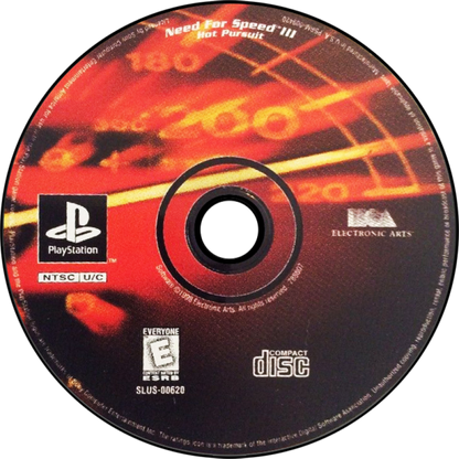 Need for Speed III: Hot Pursuit racing video game for the original Sony PlayStation (PS1), featuring high-speed street racing, exotic sports cars, challenging tracks, police pursuits, multiple race modes, and intense arcade-style driving action as players race against opponents while trying to evade law enforcement disc
