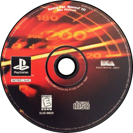 Need for Speed III: Hot Pursuit racing video game for the original Sony PlayStation (PS1), featuring high-speed street racing, exotic sports cars, challenging tracks, police pursuits, multiple race modes, and intense arcade-style driving action as players race against opponents while trying to evade law enforcement disc