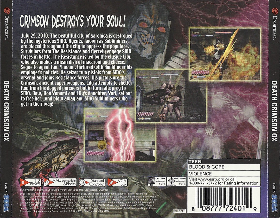 Death Crimson OX Sega Dreamcast retro video game light gun shooter back of case
