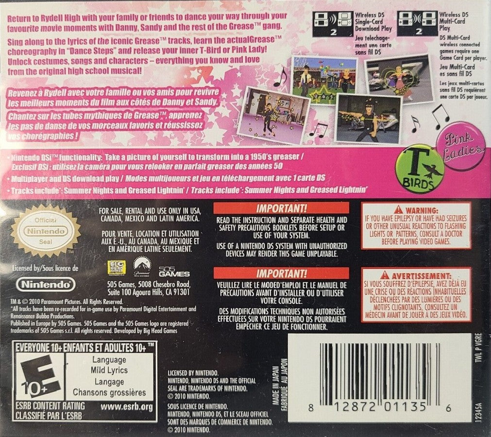 Grease back of case for Nintendo DS (DS) musical rhythm party video game