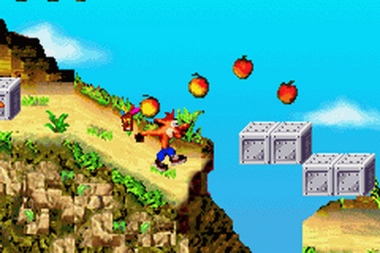 Crash Bandicoot N-Tranced game for the Game Boy Advance featuring side scrolling platformer gameplay with classic Crash mechanics including jumping spinning and crate breaking along with boss battles and levels involving mind control themed challenges gameplay