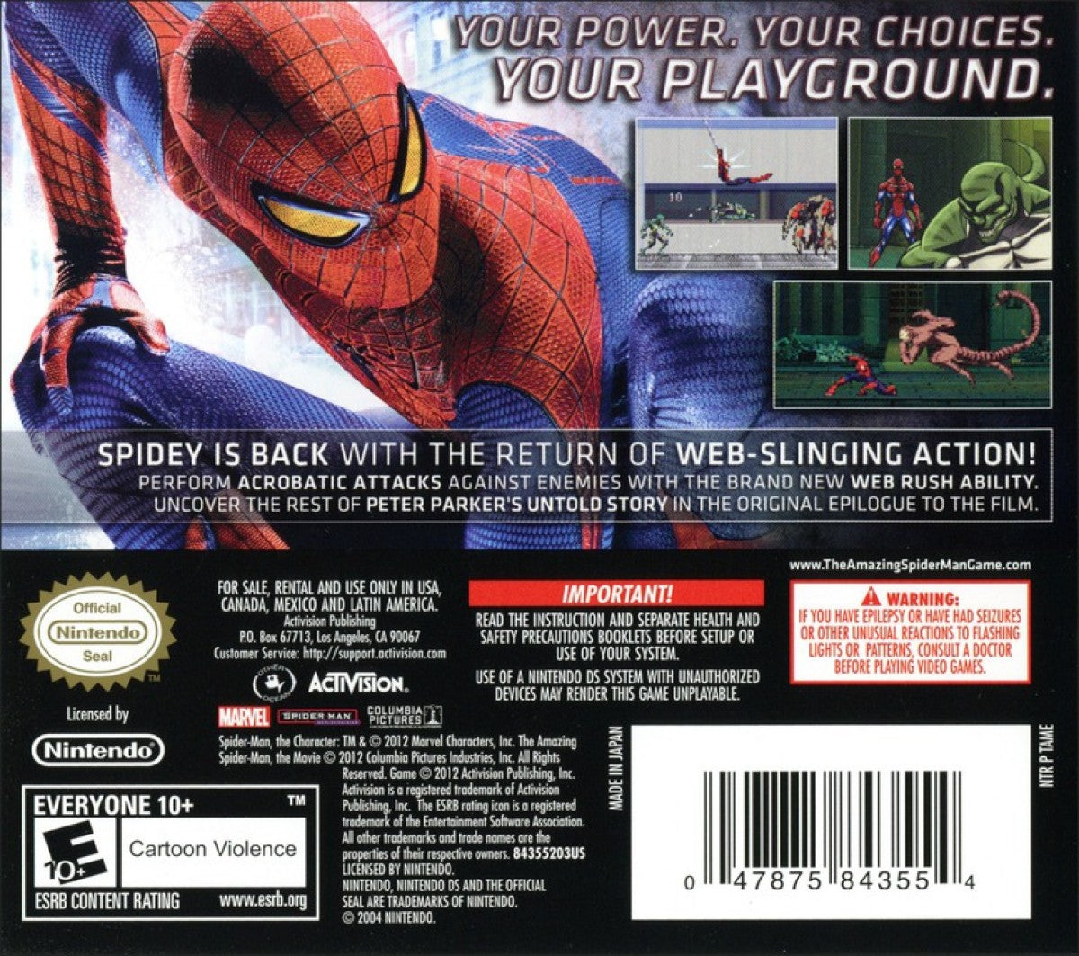The Amazing Spider-Man 2 Nintendo DS action adventure game with web-slinging combat and missions based on the Marvel film story back cover
