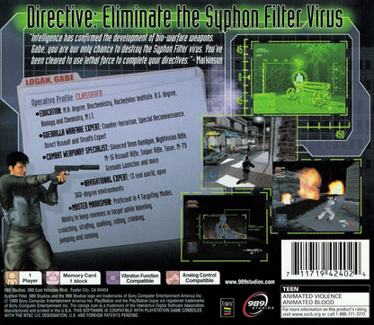 Syphon Filter PlayStation 1 PS1 for retro video game enthusiasts featuring third person action shooter gameplay stealth espionage missions tactical combat cinematic storytelling military operations varied mission objectives and collectible gaming appeal back cover 
