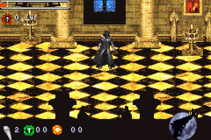 Van Helsing for Game Boy Advance (GBA), gameplay for a retro video game featuring action-adventure gameplay, monster hunting combat, side-scrolling levels, supernatural enemies, and movie-inspired gothic fantasy battles